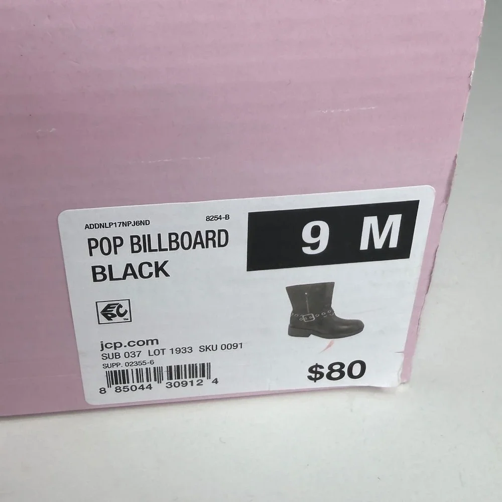 NEW POP‎ Billboard Motorcycle Combat Ankle Faux Leather Black Size 9_9